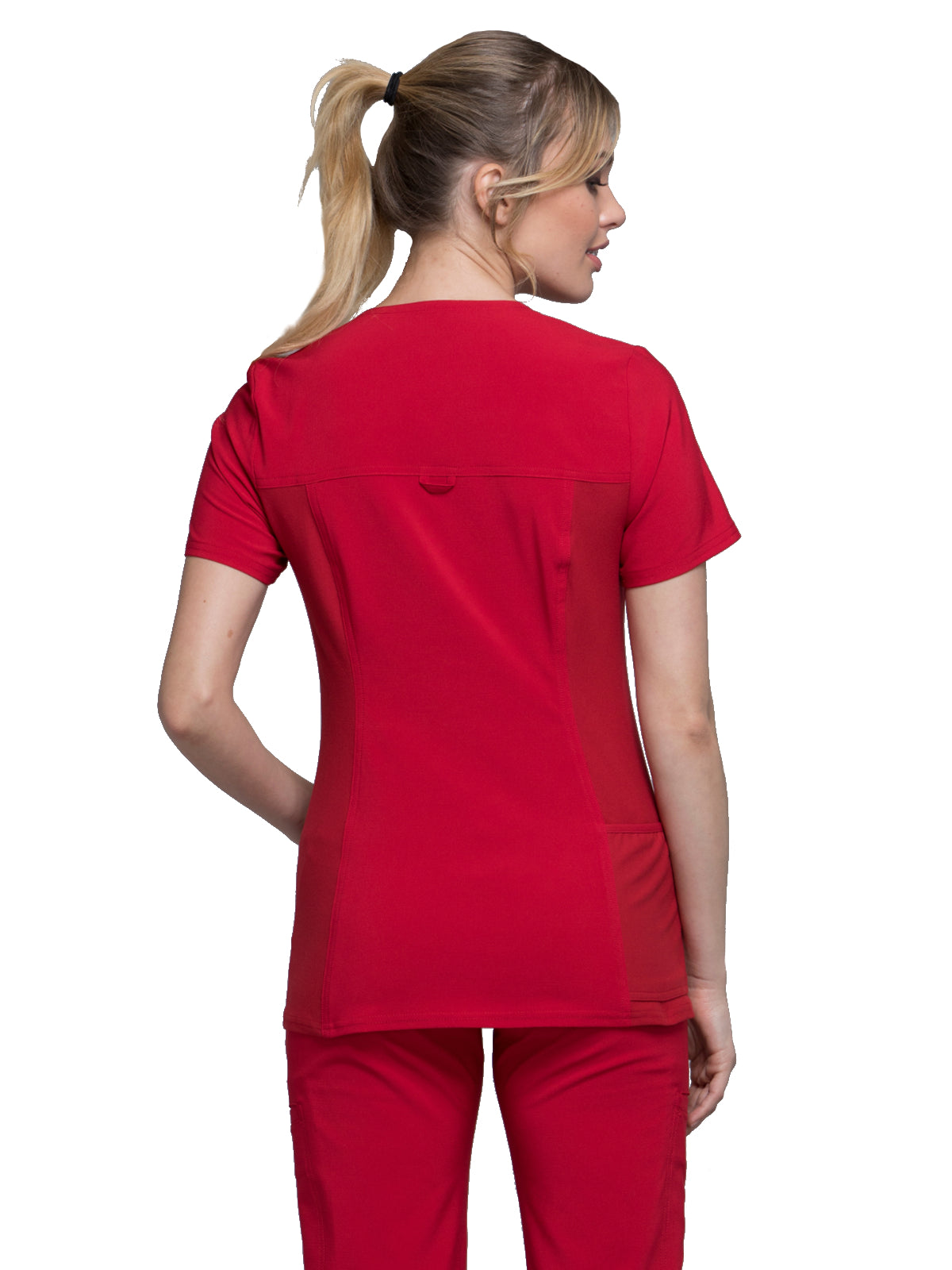 Women's 2 Pocket V-Neck Knit Side Panel Top - CK605 - Red