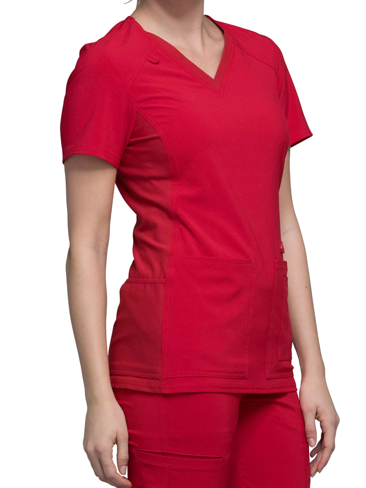 Women's 2 Pocket V-Neck Knit Side Panel Top - CK605 - Red