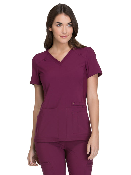 Women's 2 Pocket V-Neck Knit Side Panel Top - CK605 - Wine