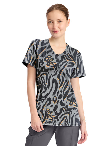 Women's 3-Pocket Round Neck Print Top - CK609 - Big Cat