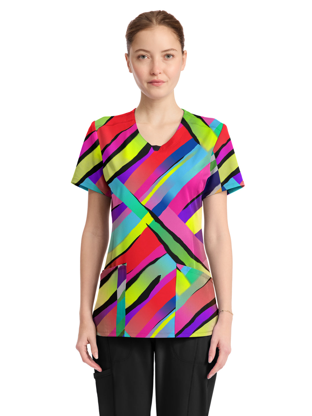 Women's Round Neck Print Top - CK609 - Color Block Stripe