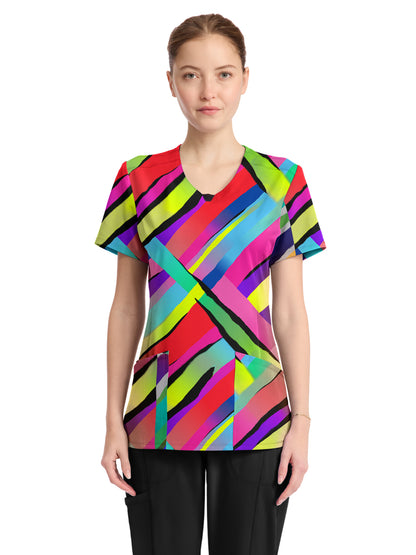 Women's Round Neck Print Top - CK609 - Color Block Stripe