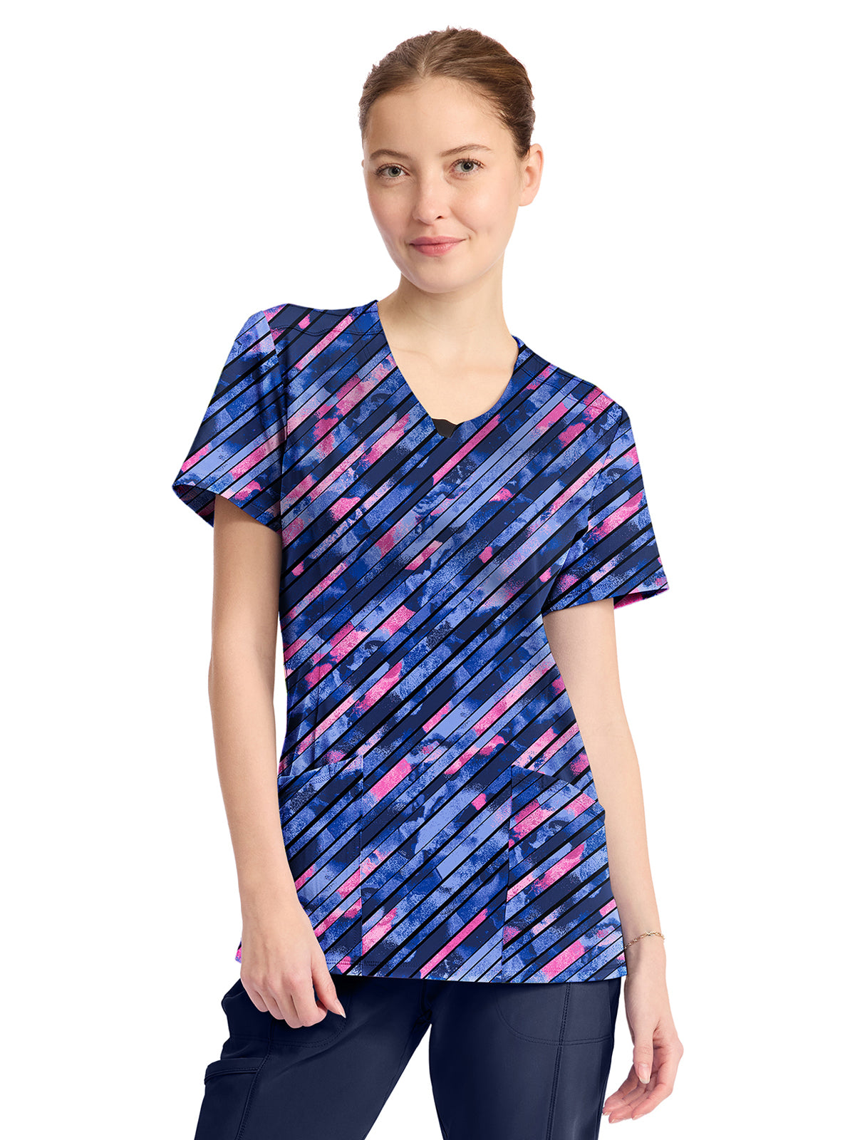 Women's 3-Pocket Round Neck Print Top - CK609 - Staggered Marble