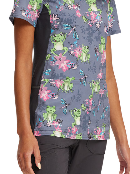 Women's 4 Pocket V-Neck Knit Side Panel Top - CK636 - Toad-ally Floral Friends