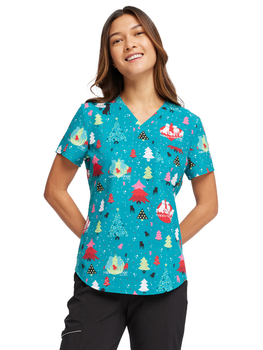 Women's V-Neck Tuckable Print Top - CK664 - Happy Holidogs