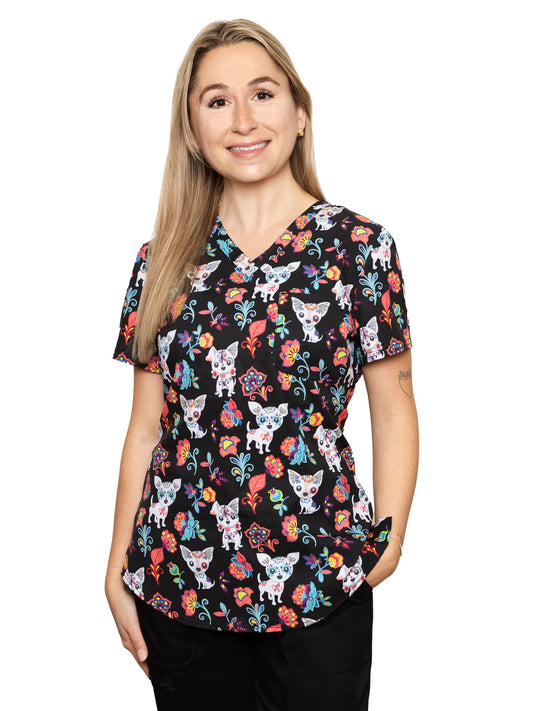 Women's V-Neck Tuckable Print Top - CK664 - Sugar Skull Pups