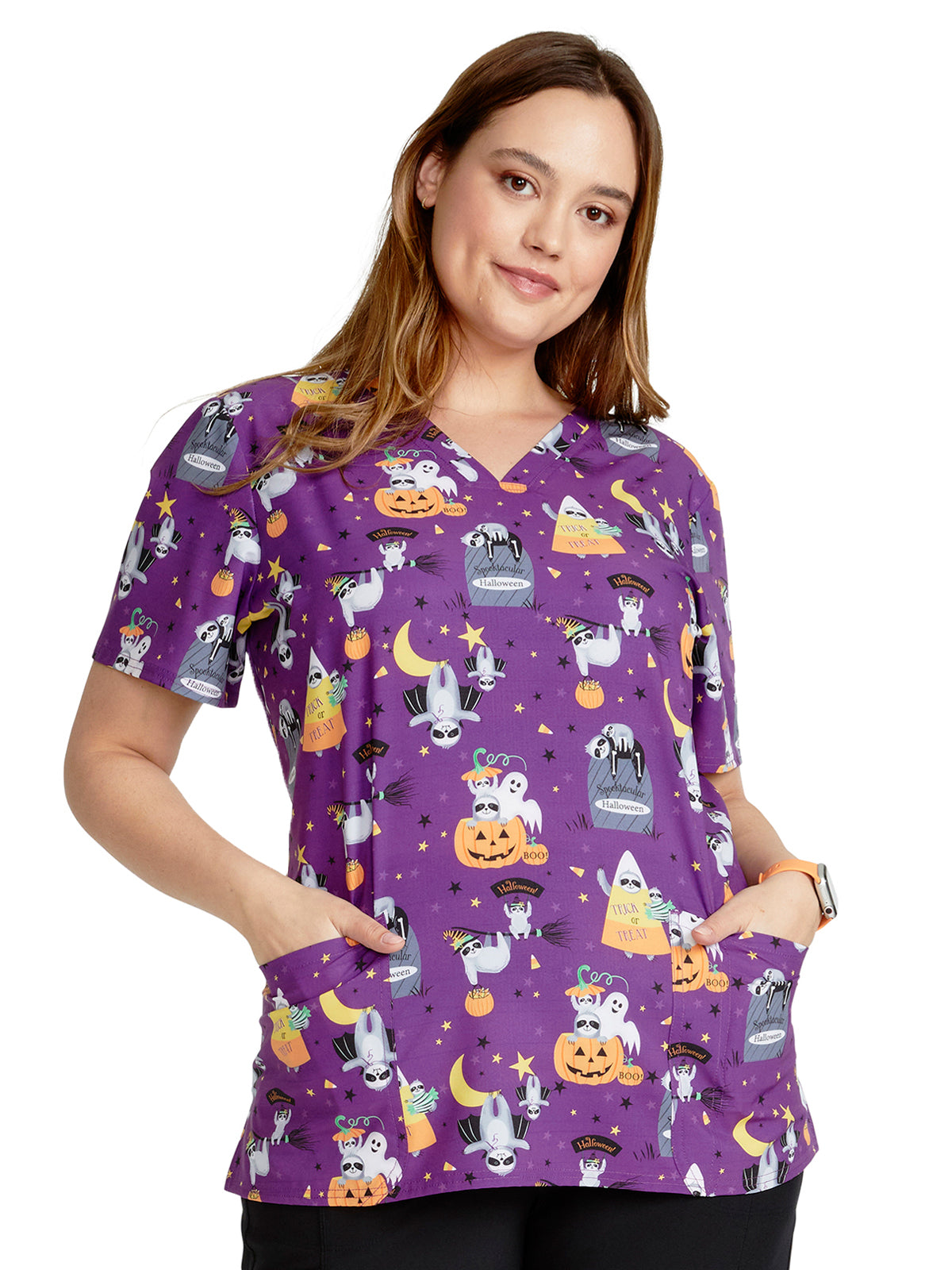 Women's V-Neck Print Top - CK671 - Spooktacular Sloths