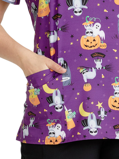 Women's V-Neck Print Top - CK671 - Spooktacular Sloths