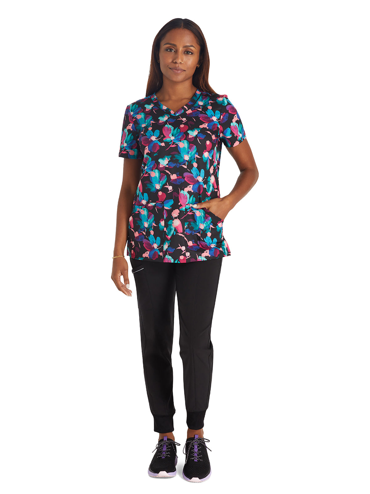 Women's V-Neck Print Top - CK678 - Brushing Blooms