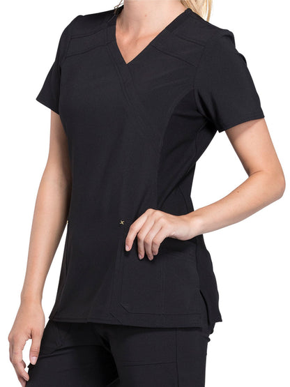 Women's 3-Pocket Mock Wrap Knit Panel Top - CK680 - Black