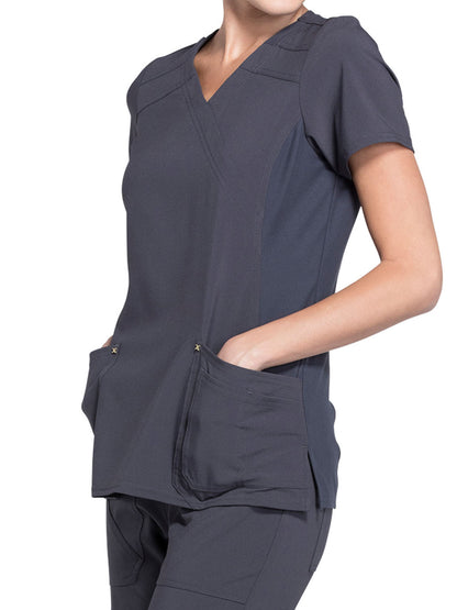 Women's 3-Pocket Mock Wrap Knit Panel Top - CK680 - Pewter