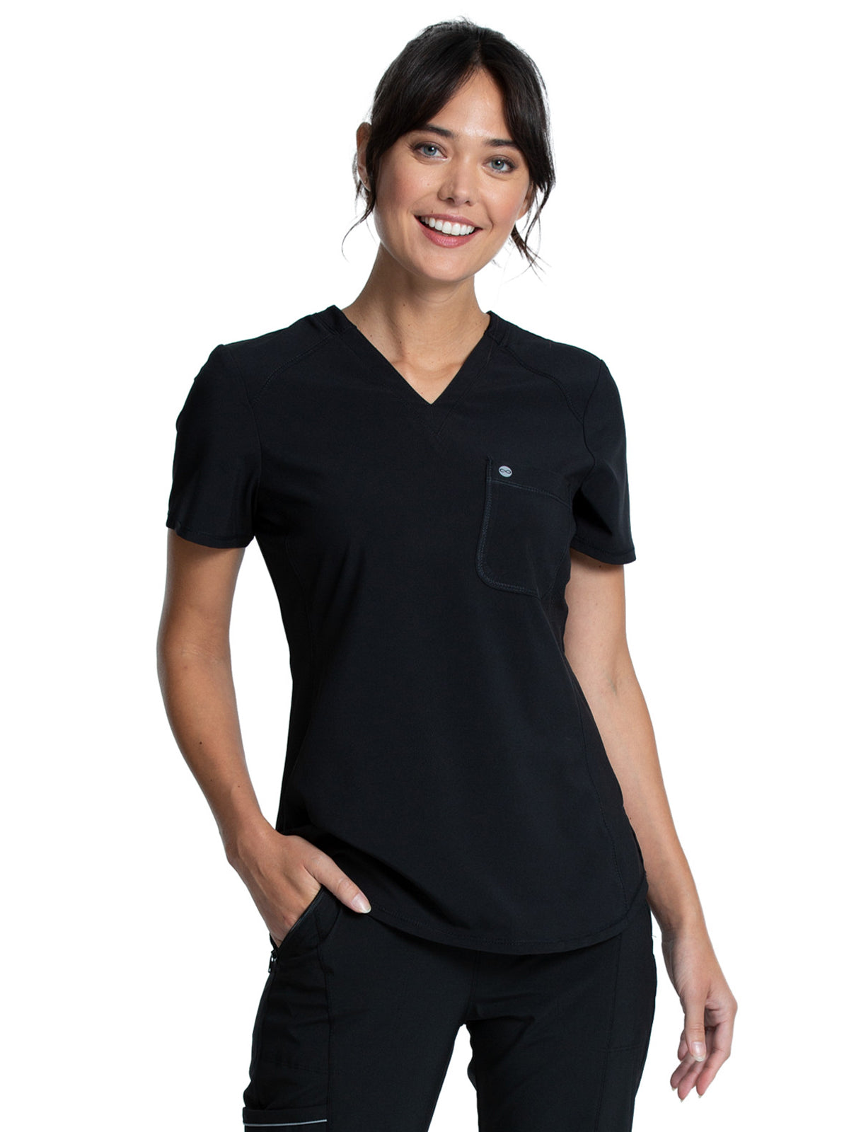 Women's Left Chest Pocket Tuckable V-Neck Top - CK687A - Black