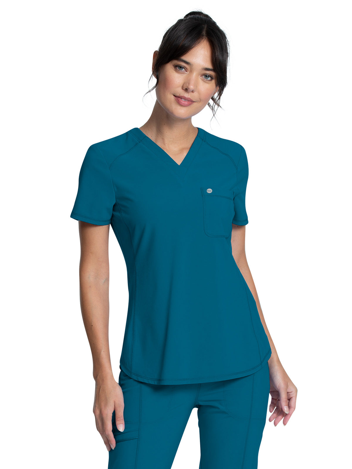 Women's Left Chest Pocket Tuckable V-Neck Top - CK687A - Caribbean Blue