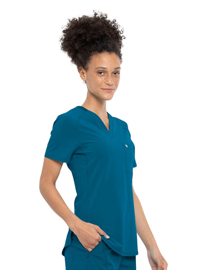 Women's Left Chest Pocket Tuckable V-Neck Top - CK687A - Caribbean Blue