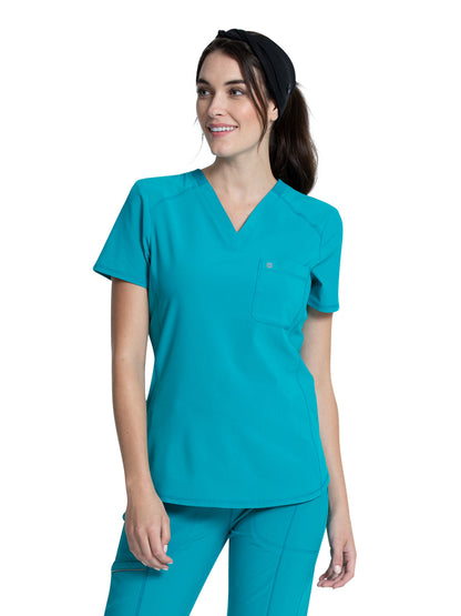 Women's Left Chest Pocket Tuckable V-Neck Top - CK687A - Teal Blue