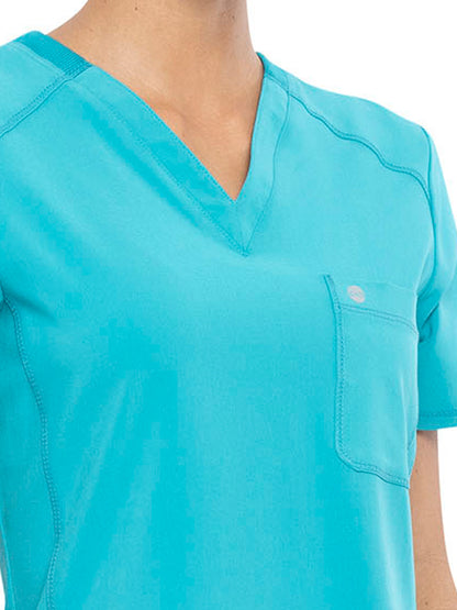 Women's Left Chest Pocket Tuckable V-Neck Top - CK687A - Teal Blue