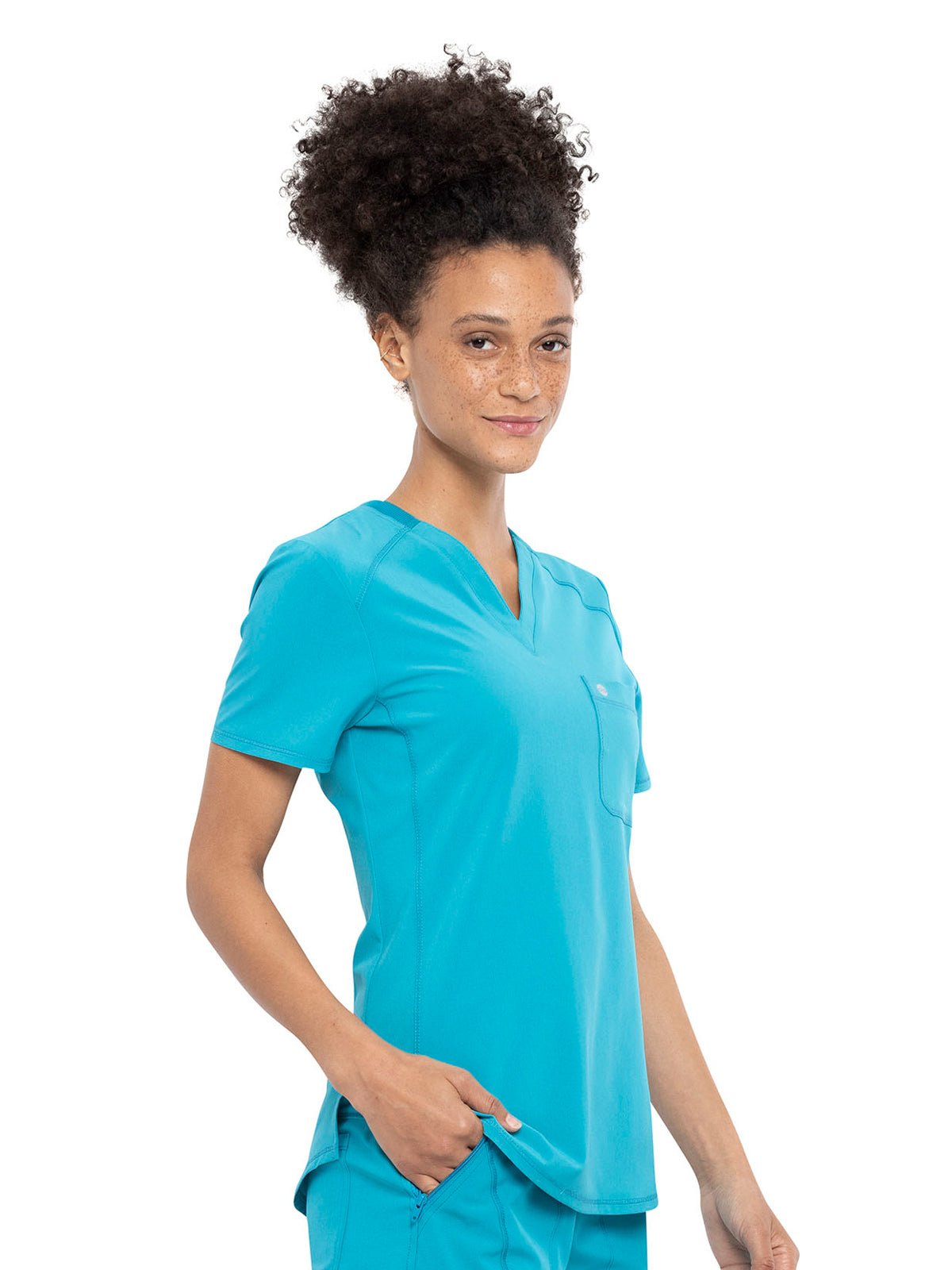 Women's Left Chest Pocket Tuckable V-Neck Top - CK687A - Teal Blue