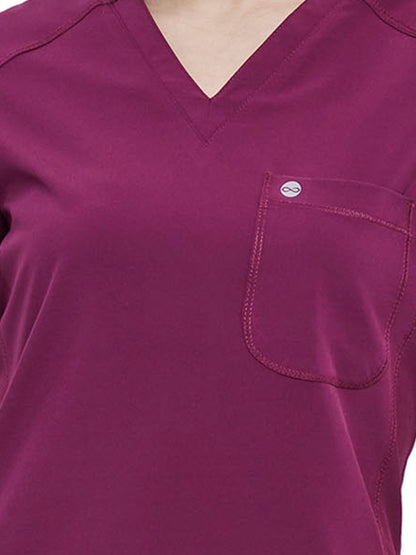 Women's Left Chest Pocket Tuckable V-Neck Top - CK687A - Wine