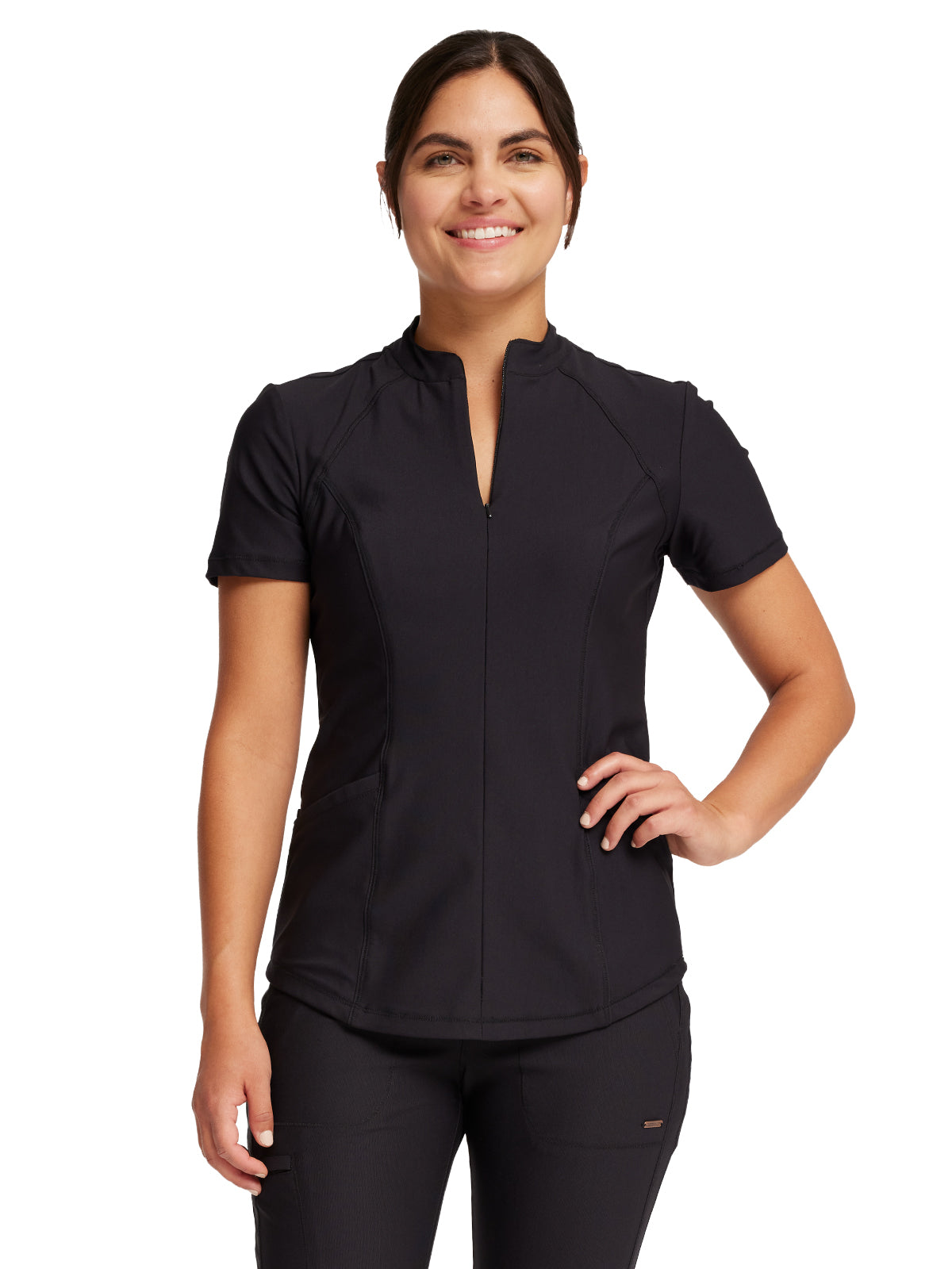 Women's Partial Zip Front Scrub Top - CK707 - Black