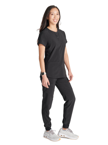 Women's Snap Front Henley Top - CK749A - Black