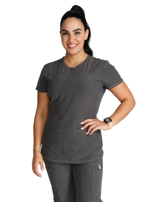 Women's Snap Front Henley Top - CK749A - Heather Pewter