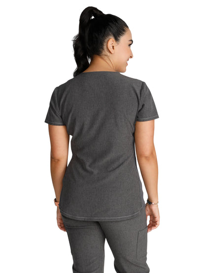 Women's Snap Front Henley Top - CK749A - Heather Pewter