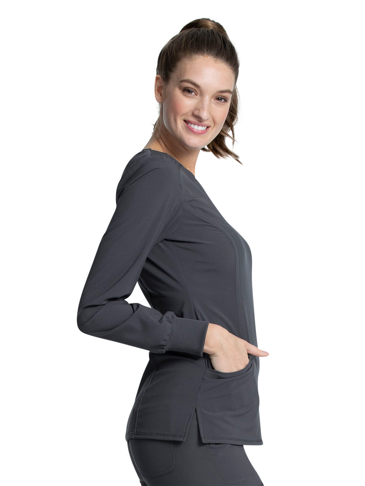 Women's 3 Pocket Long Sleeve V-Neck Top - CK781A - Pewter