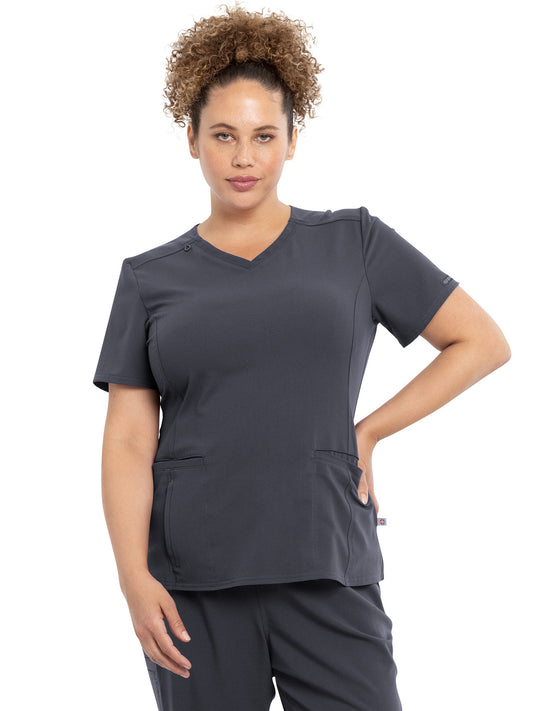 Women's Notched Back Neckline Stylized V-Neck Top - CK786A - Pewter