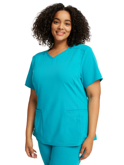 Women's Notched Back Neckline Stylized V-Neck Top - CK786A - Teal Blue