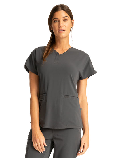 Women's Zip V-Neck Top - CK791A - Pewter