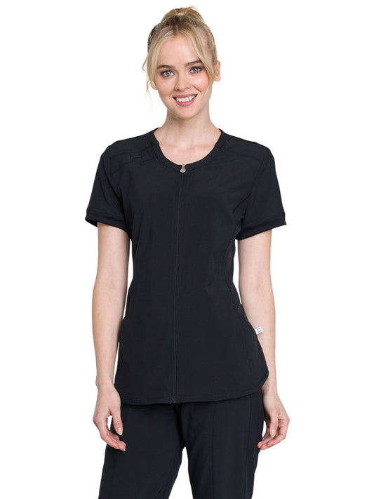 Women's Mixed Media Zip Front V-Neck Top - CK810A - Black