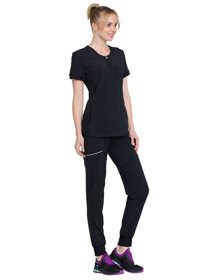 Women's Mixed Media Zip Front V-Neck Top - CK810A - Black