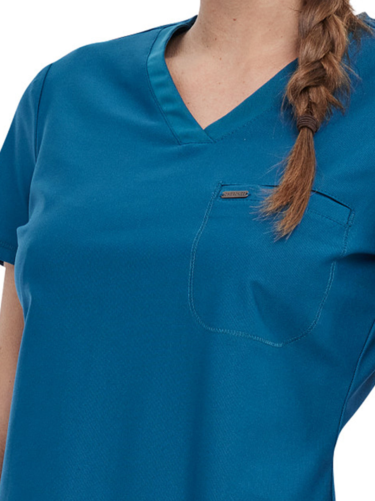 Women's 1-Pocket Tuckable V-Neck Scrub Top - CK819 - Caribbean Blue