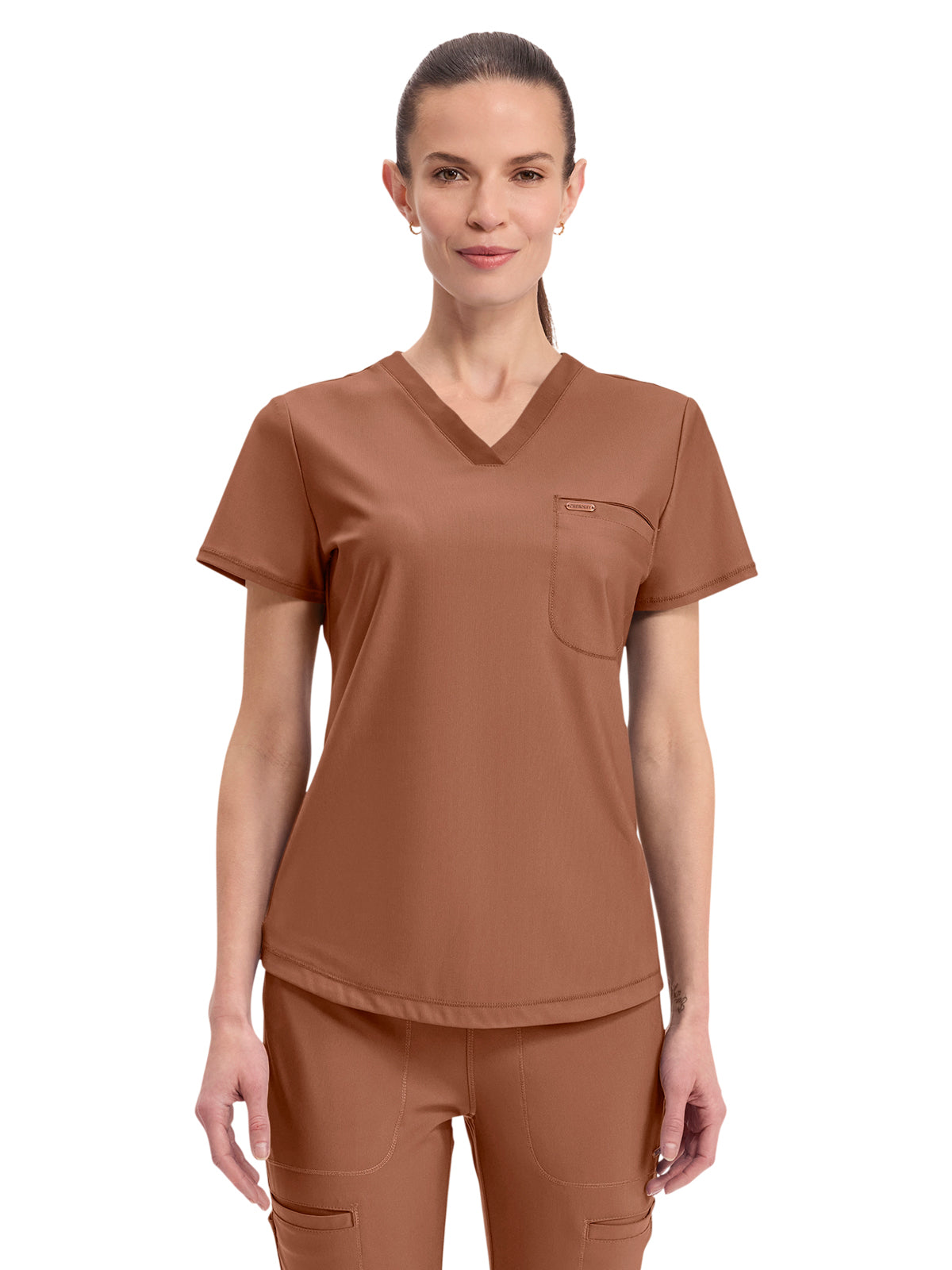 Women's 1-Pocket Tuckable V-Neck Top - CK819 - Caffe Mocha