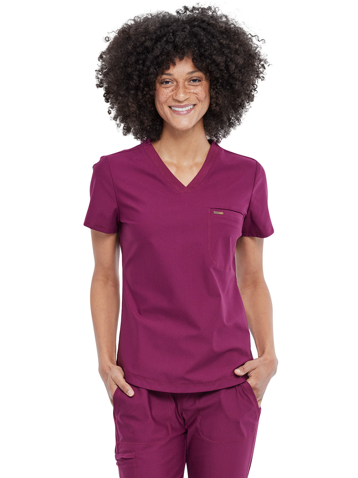 Women's 1-Pocket Tuckable V-Neck Scrub Top - CK819 - Wine