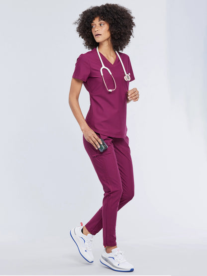 Women's 1-Pocket Tuckable V-Neck Scrub Top - CK819 - Wine