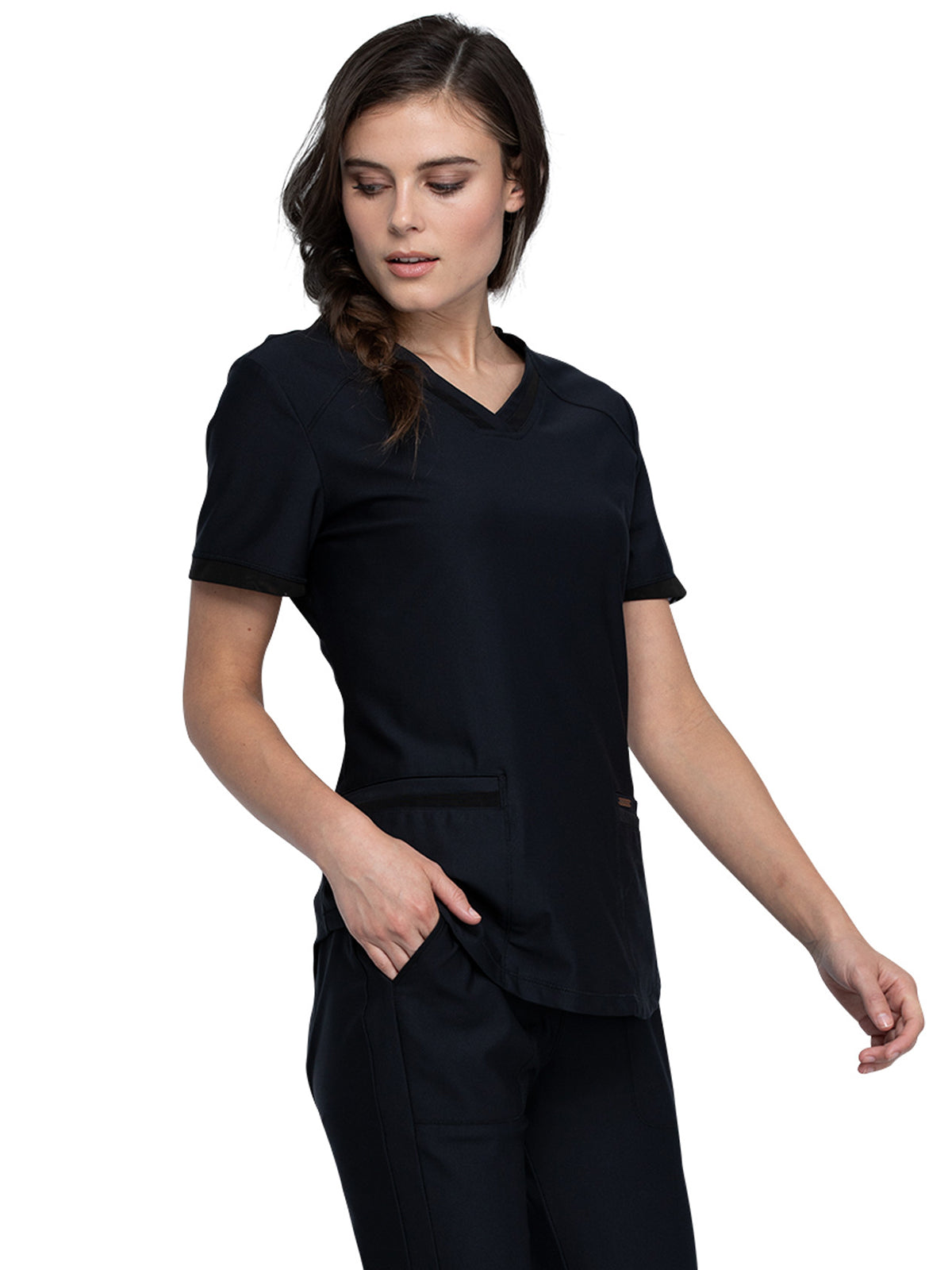 Women's Curved Hemline V-Neck Scrub Top - CK840 - Black