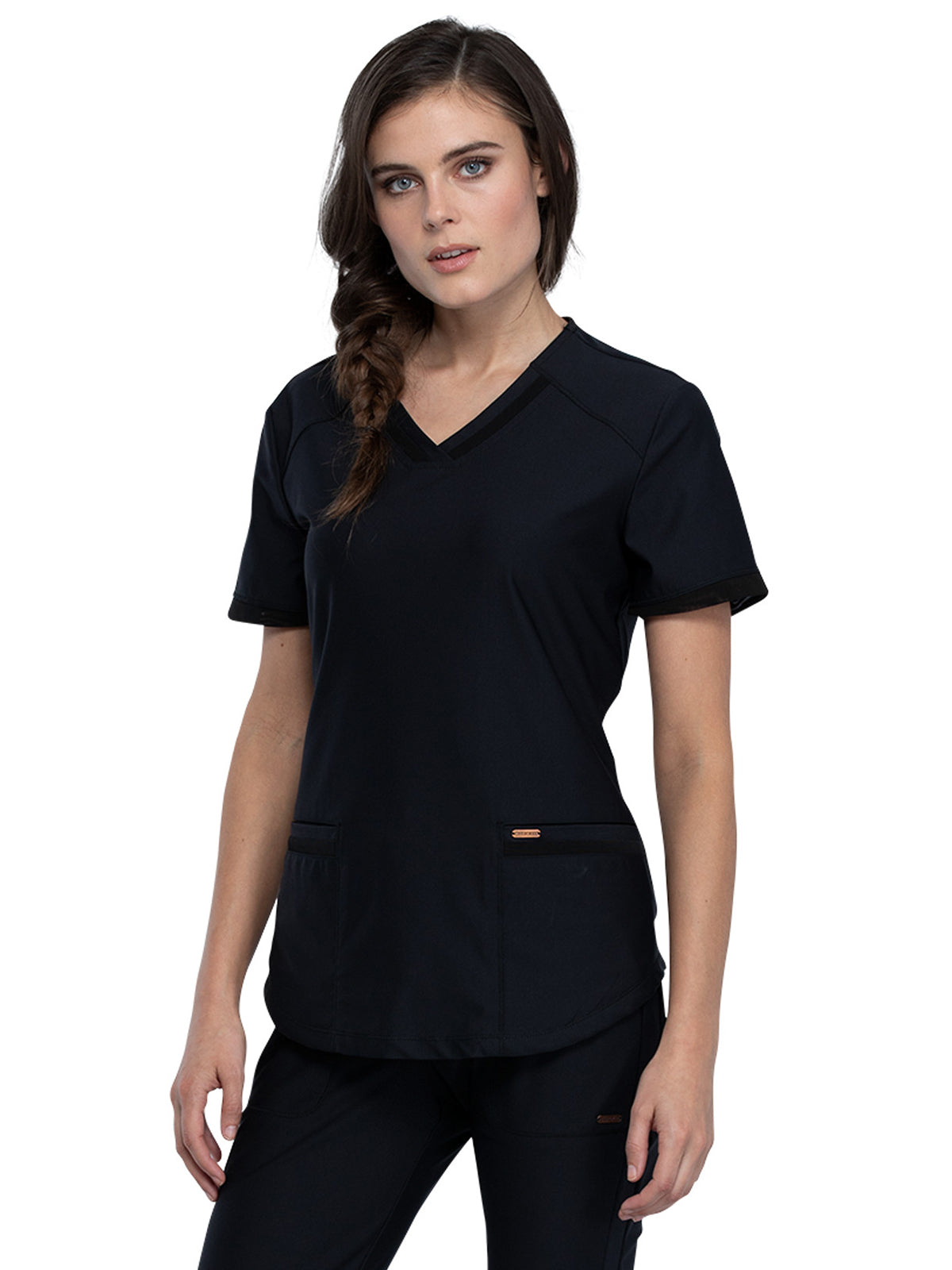 Women's Curved Hemline V-Neck Scrub Top - CK840 - Black