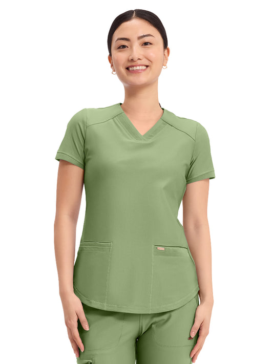 Women's Curved Hemline V-Neck Top - CK840 - Bright Sage
