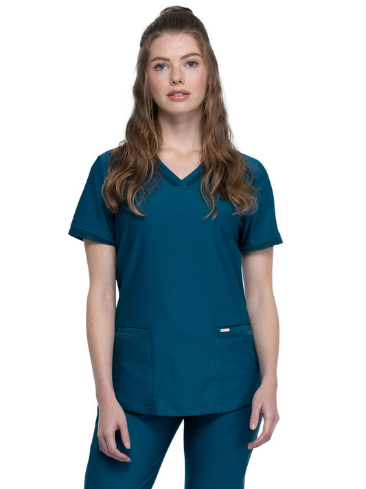 Women's Curved Hemline V-Neck Scrub Top - CK840 - Caribbean Blue