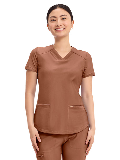 Women's 2-Pocket Curved Hemline V-Neck Top - CK840 - Caffe Mocha