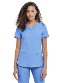 Women's 2-Pocket Curved Hemline V-Neck Top - CK840 - Ciel Blue