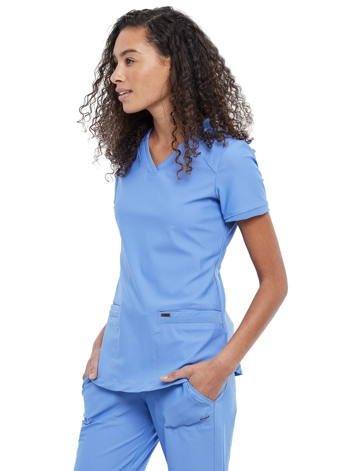 Women's Curved Hemline V-Neck Scrub Top - CK840 - Ciel Blue