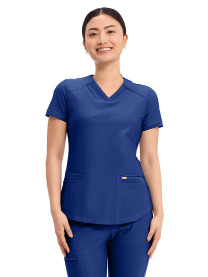 Women's 2-Pocket Curved Hemline V-Neck Top - CK840 - Galaxy Blue