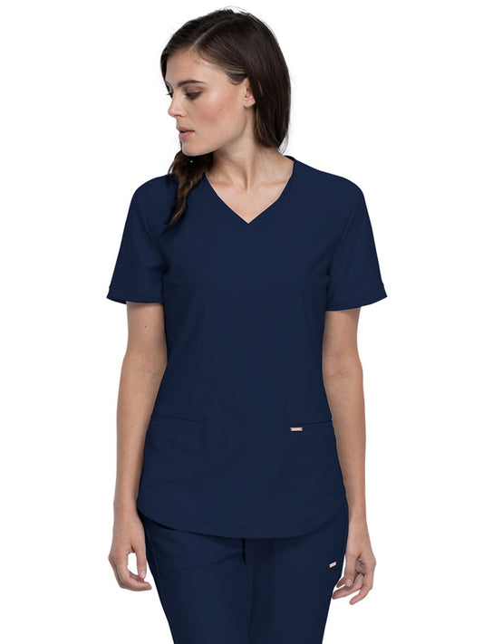 Women's Curved Hemline V-Neck Scrub Top - CK840 - Navy