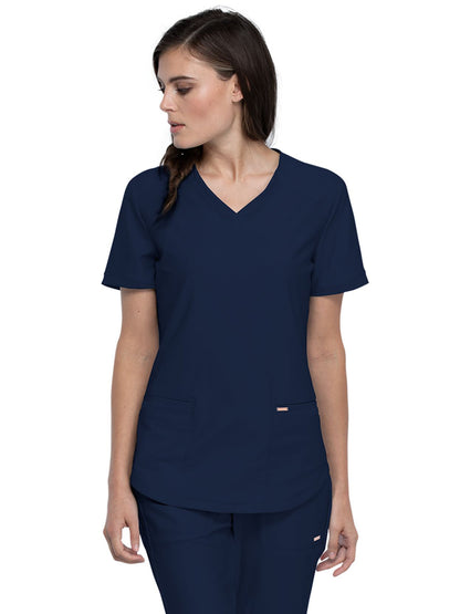 Women's 2-Pocket Curved Hemline V-Neck Top - CK840 - Navy