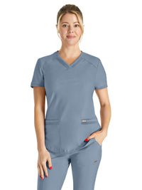 Women's 2-Pocket Curved Hemline V-Neck Top - CK840 - Ocean Ash
