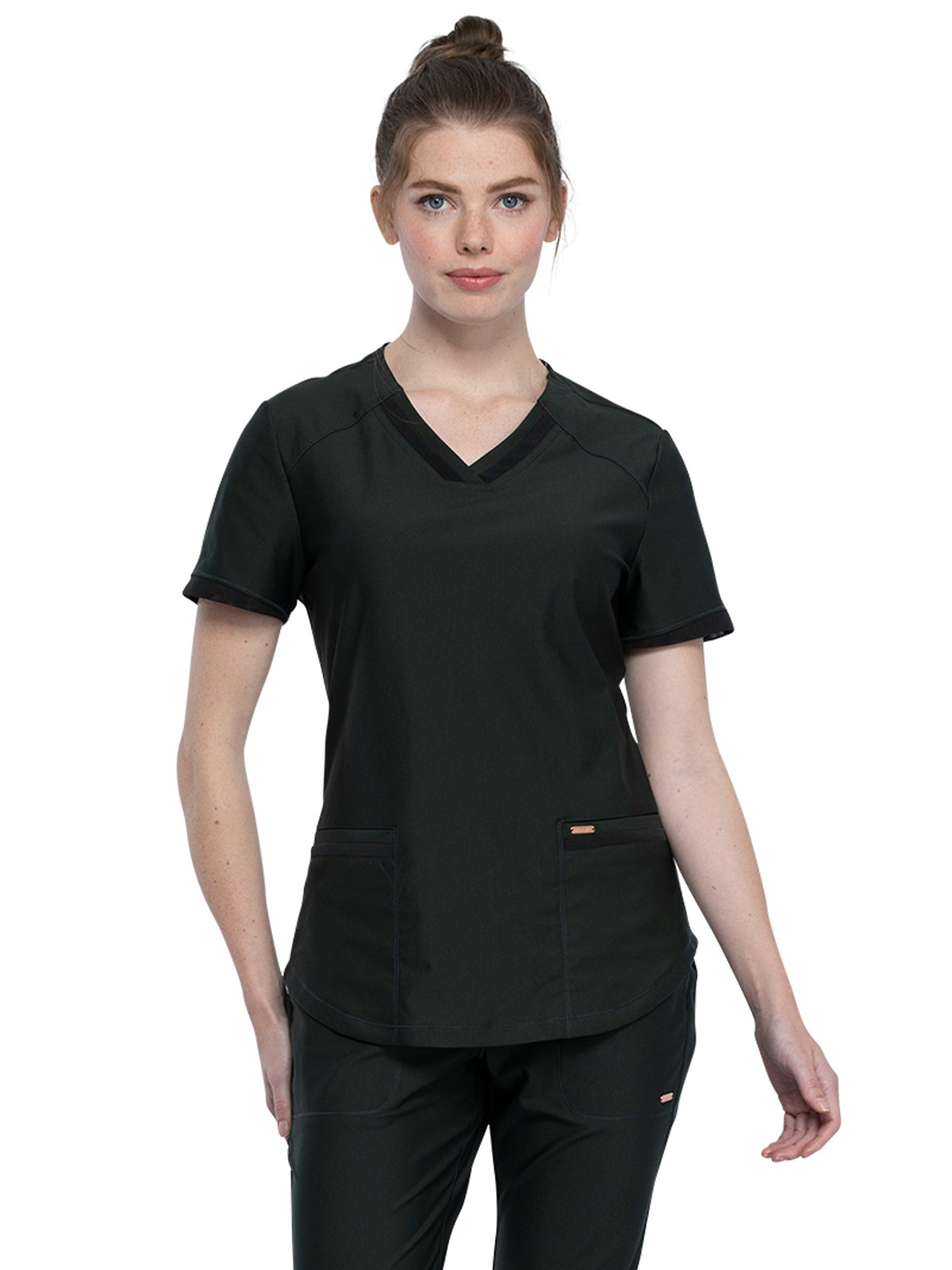 Women's Curved Hemline V-Neck Scrub Top - CK840 - Olive Branch