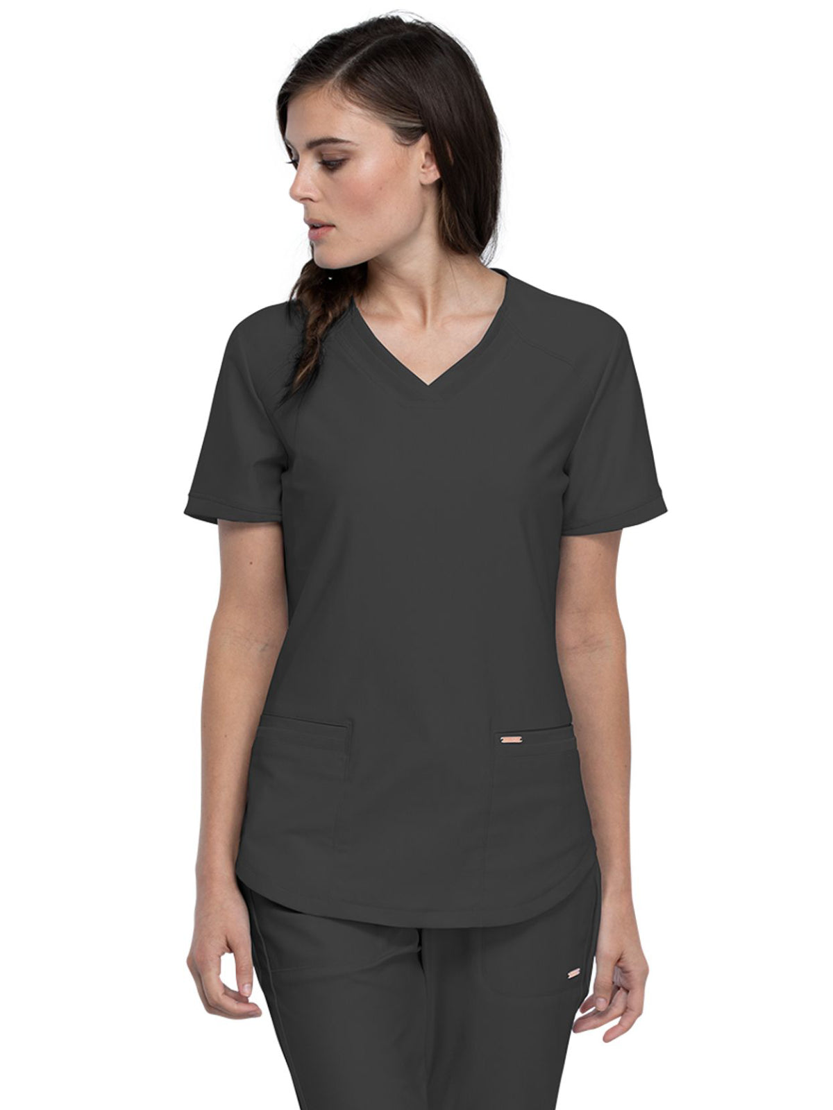 Women's 2-Pocket Curved Hemline V-Neck Top - CK840 - Pewter