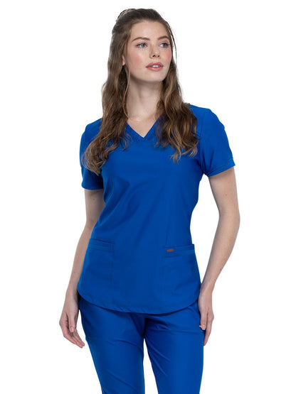 Women's 2-Pocket Curved Hemline V-Neck Top - CK840 - Royal